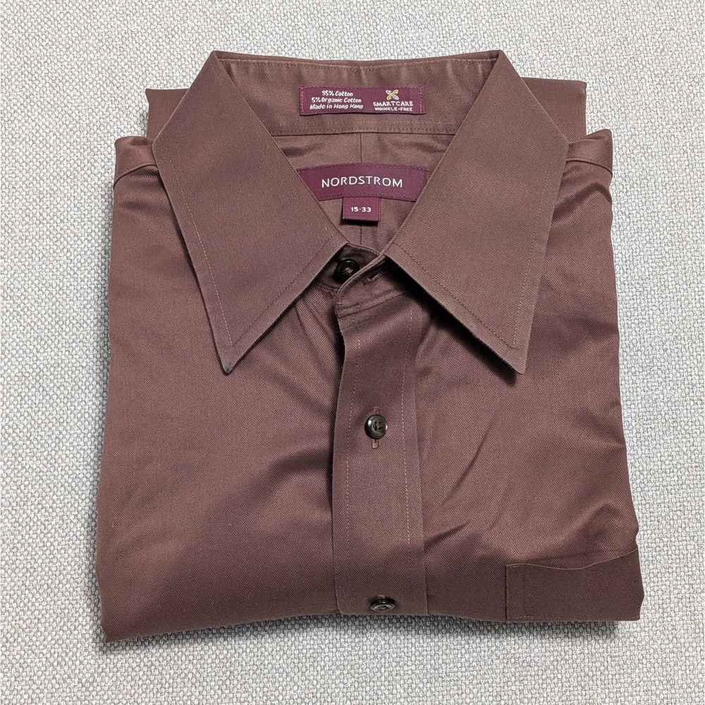 NORDSTROM Men's Vintage Dress Shirt Brown 15-33 Wrinkle-Free Cotton